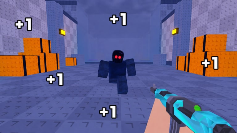 Ingame-Screenshot von +1 DMG FPS-Kampf, in dem Defenders KI-Roboter abschießen, die die Erde angreifen