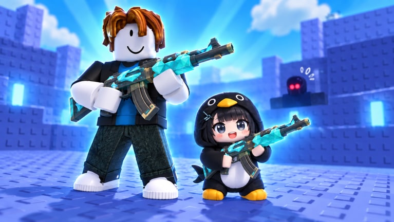 Roblox-+1-DMG-FPS-Erdverteidigungsszene mit FPS-Schießen, Gegnerwellen und Stage-Kampf-HUD